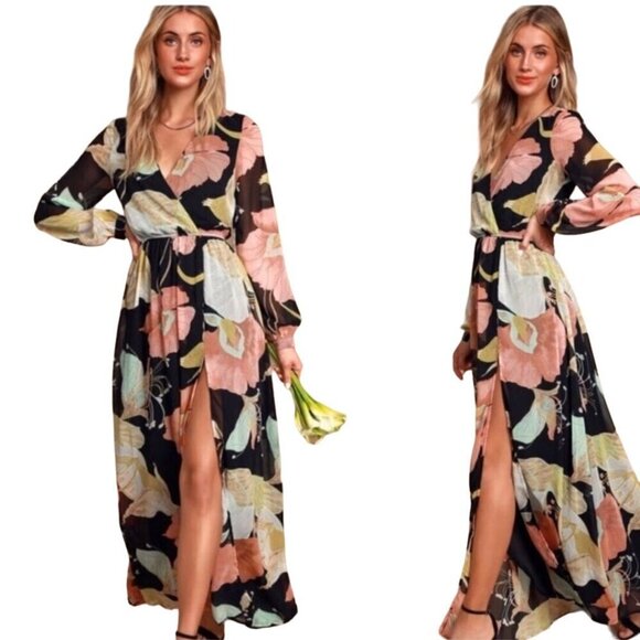Lulus Wondrous Water Lilies Maxi Dress With Long Sleeves & Floral Print Size S - Picture 4 of 13